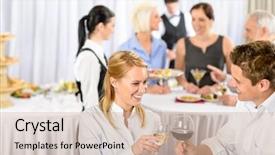  Presentation with banquet meeting - Slide deck having company presentation - business meeting banquet man background and a soft green colored foreground