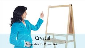  Presentation with slate - Colorful slides enhanced with company profile blank - elegant businesswoman pointing a slate backdrop and a cyan colored foreground