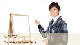  Presentation with slate - Beautiful presentation featuring company profile blank - elegant businesswoman pointing a slate backdrop and a lemonade colored foreground