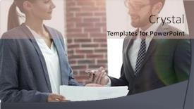  Presentation with company - Cool new PPT theme with company's employees to discuss business matters backdrop and a coral colored foreground