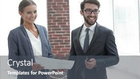  Presentation with company - Amazing PPT theme having company's employees to discuss business matters backdrop and a dark gray colored foreground