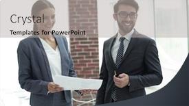  Presentation with company - Amazing PPT theme having company's employees to discuss business matters backdrop and a light gray colored foreground