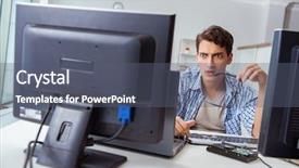  Presentation with monitoring - Cool new presentation theme with company security - young trader monitoring markets backdrop and a gray colored foreground