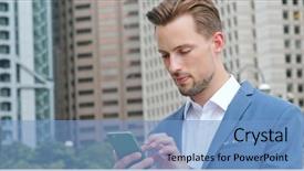  Presentation with look - PPT layouts enhanced with company status - caucasian businessman look at mobile background and a  colored foreground