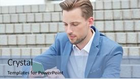  Presentation with look - Theme with company status - caucasian businessman look at mobile background and a light blue colored foreground