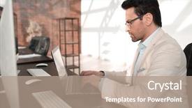  Presentation with glass - Colorful PPT layouts enhanced with company types - behind the glass serious businessman backdrop and a  colored foreground