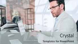  Presentation with glass - Colorful presentation theme enhanced with company types - behind the glass serious businessman backdrop and a light gray colored foreground