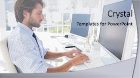  Presentation with modern hi tech design - Colorful slide set enhanced with company types - designer sitting at his desk backdrop and a  colored foreground