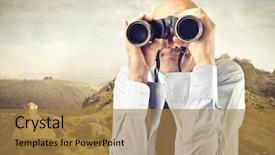  Presentation with motivation ball hill businessman - Beautiful PPT theme featuring company vision - bald businessman looking with binoculars backdrop and a  colored foreground