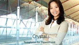  Presentation with modern building - Colorful presentation theme enhanced with company vision - happy asian businesswoman in modern backdrop and a  colored foreground