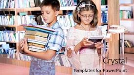  Presentation with library - Slide set featuring compare contrast - paper books versus e-reader kids background and a coral colored foreground