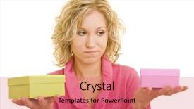  Presentation with gift - Colorful slide deck enhanced with compare contrast - young blonde woman comparing two backdrop and a coral colored foreground