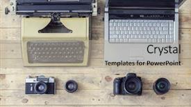  Presentation with equipment - Slides enhanced with lenses past and nowadays background and a mint green colored foreground