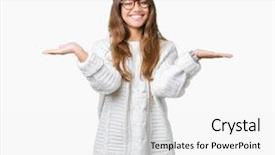  Presentation with woman hands open - Audience pleasing slide set consisting of compare options - young beautiful brunette hipster woman backdrop and a  colored foreground