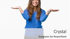  Presentation with woman hands open - Cool new presentation with compare options - young beautiful brunette woman wearing backdrop and a white colored foreground