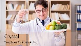  Presentation with protein scoop sports nutrition food - PPT theme having comparing apples oranges - scientist studying nutrition in various background and a lemonade colored foreground