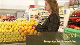  Presentation with grocery store - Presentation theme enhanced with comparing apples oranges - woman shopping in the grocery background and a tawny brown colored foreground