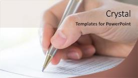  Presentation with comparison - Slide set featuring comparison lists - hand with pen over application background and a coral colored foreground