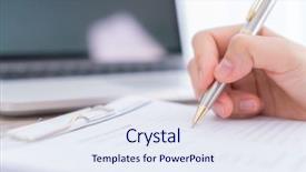  Presentation with comparison - PPT theme with comparison lists - hand with pen over application background and a sky blue colored foreground