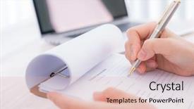  Presentation with comparison - Slide deck having comparison lists - hand with pen over application background and a coral colored foreground