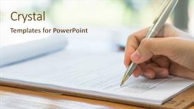  Presentation with comparison - PPT theme consisting of comparison lists - hand with pen over application background and a cream colored foreground