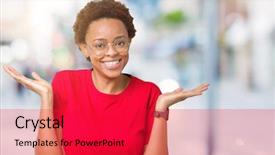  Presentation with woman hands open - Slide set consisting of comparisons - beautiful young african american woman background and a red colored foreground