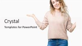  Presentation with woman hands open - Presentation design having comparisons - beautiful young blonde woman wearing background and a  colored foreground