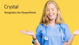  Presentation with woman hands open - PPT theme featuring comparisons - beautiful young doctor woman wearing background and a  colored foreground