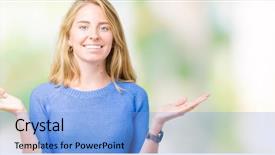  Presentation with woman hands open - PPT theme enhanced with comparisons - beautiful young woman wearing blue background and a light blue colored foreground