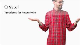  Presentation with human hands open palm up - Slide deck having comparisons - young handsome man wearing glasses background and a white colored foreground