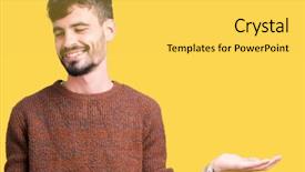  Presentation with human hands open palm up - Beautiful PPT theme featuring comparisons - young handsome man wearing winter backdrop and a yellow colored foreground