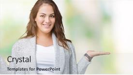  Presentation with woman hands open - Cool new slides with comparisons body image - beautiful plus size young woman backdrop and a  colored foreground