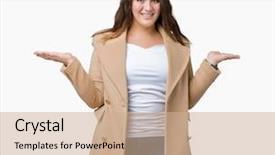 Presentation with body balance - Colorful slide deck enhanced with comparisons body image - beautiful plus size young woman backdrop and a  colored foreground
