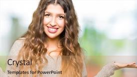  Presentation with human hands open palm up - Theme enhanced with comparisons body image - young beautiful woman wearing winter background and a  colored foreground