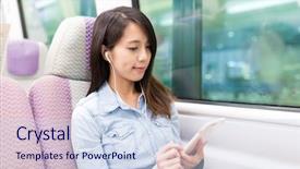  Presentation with drops for hindi song - Slide deck having compartments - woman listen to song inside background and a sky blue colored foreground