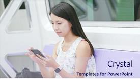  Presentation with mobile use - Amazing PPT theme having compartments - woman use of mobile phone backdrop and a sky blue colored foreground