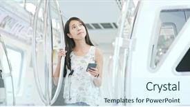  Presentation with mobile phone in woman hand - Presentation theme consisting of compartments - woman use of mobile phone background and a sky blue colored foreground