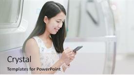  Presentation with mobile use - Audience pleasing presentation design consisting of compartments - woman use of mobile phone backdrop and a soft green colored foreground