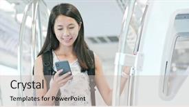  Presentation with mobile use - Amazing PPT theme having compartments - woman use of mobile phone backdrop and a soft green colored foreground