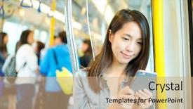  Presentation with mobile phone in woman hand - Beautiful presentation theme featuring compartments - woman use of mobile phone backdrop and a coral colored foreground