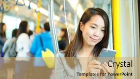  Presentation with mobile use - Audience pleasing presentation theme consisting of compartments - woman use of mobile phone backdrop and a coral colored foreground