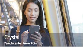  Presentation with mobile phone in woman hand - PPT theme consisting of compartments - woman use of mobile phone background and a tawny brown colored foreground