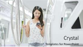  Presentation with retail smart phone - PPT theme having compartments - woman use of smart phone background and a light gray colored foreground