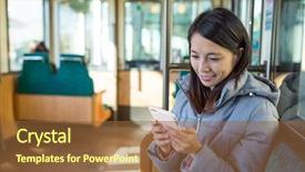  Presentation with train and travel - Colorful slide deck enhanced with compartments - woman using cellphone inside train backdrop and a tawny brown colored foreground