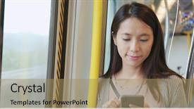  Presentation with retail smart phone - Presentation design with compartments - woman using smart phone background and a coral colored foreground