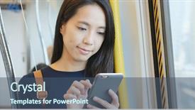  Presentation with phone - Slide deck having compartments - woman working on mobile phone background and a ocean colored foreground