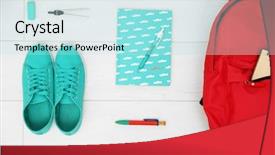  Presentation with school budget tigerbackground - PPT theme featuring compas - school set with backpack shoes background and a arctic colored foreground