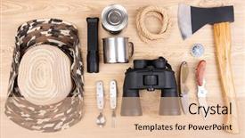  Presentation with agricutural equipment - Cool new slides with compass binoculars - equipment for trekking on wooden backdrop and a lemonade colored foreground