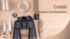  Presentation with trekking - Slide deck with compass binoculars - equipment for trekking on wooden background and a lemonade colored foreground