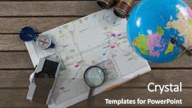  Presentation with metal accessories - Slide deck consisting of compass binoculars - overhead of travelling accessories background and a tawny brown colored foreground